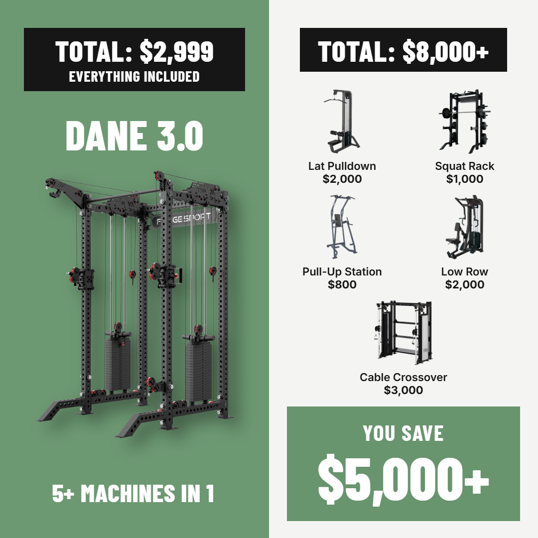 Dane 3.0 at $2,999 compared with buying a lat pulldown, squat rack, pull-up station, low row and cable crossover separately for $8,000+